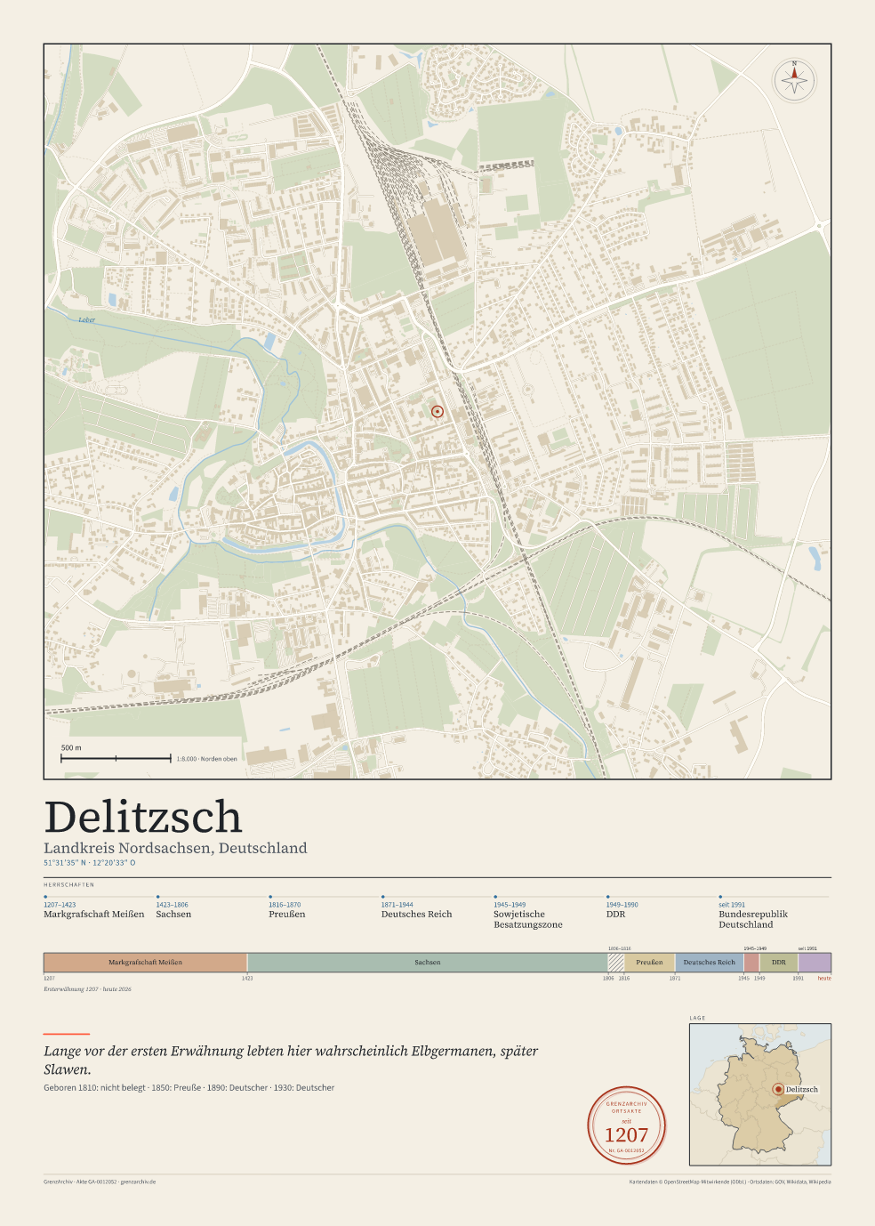 Vorschau des Kartenblatts von Delitzsch: oben der Stadtplan, unten Ortsname, Koordinaten und die Herrschaften des Ortes
