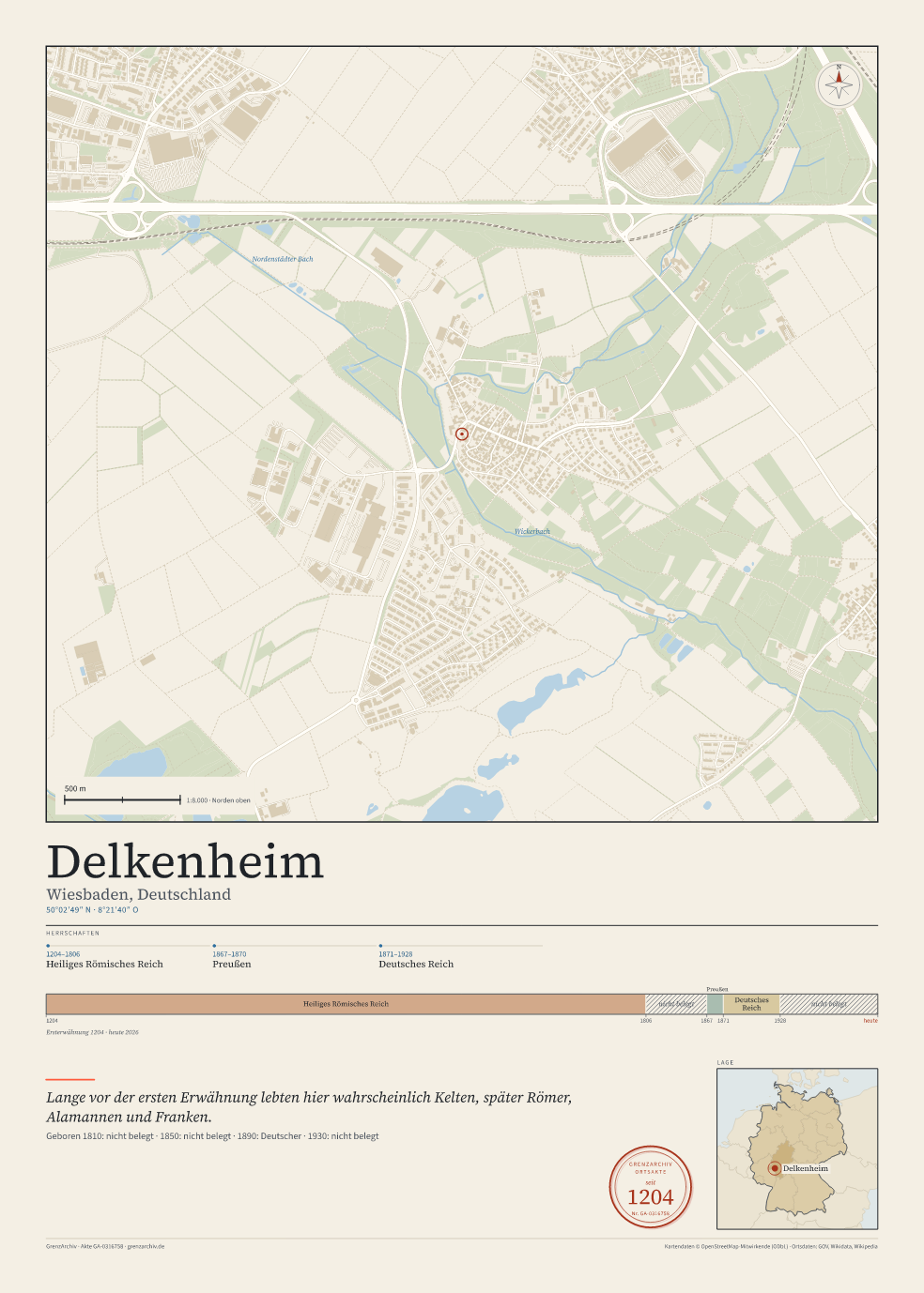 Vorschau des Kartenblatts von Delkenheim: oben der Stadtplan, unten Ortsname, Koordinaten und die Herrschaften des Ortes