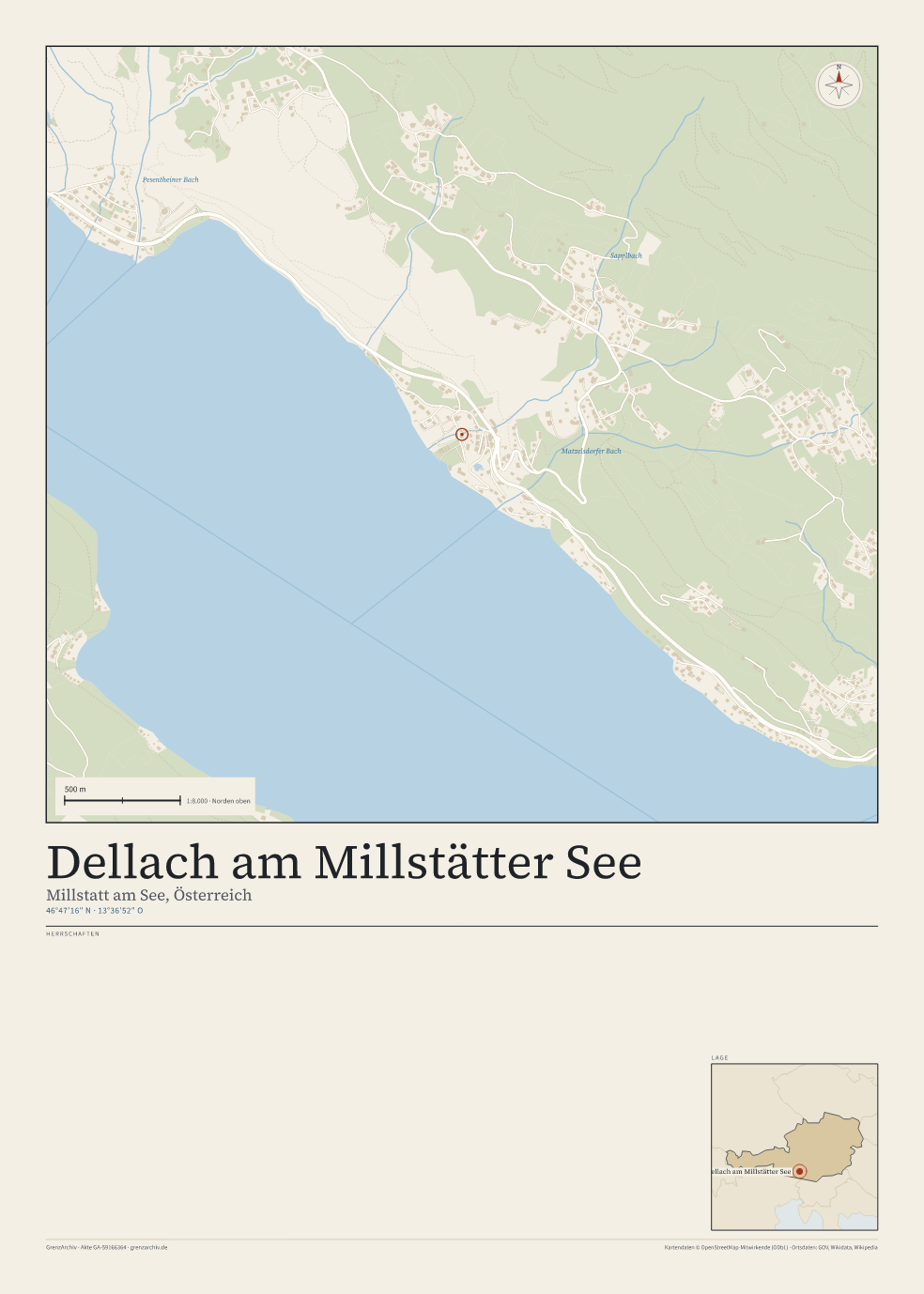 Vorschau des Kartenblatts von Dellach am Millstätter See: oben der Stadtplan, unten Ortsname, Koordinaten und die Herrschaften des Ortes