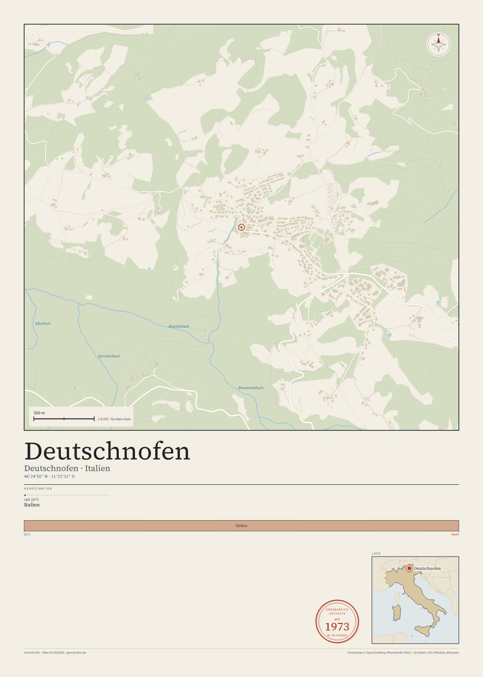 Vorschau des Kartenblatts von Deutschnofen: oben der Stadtplan, unten Ortsname, Koordinaten und die Herrschaften des Ortes
