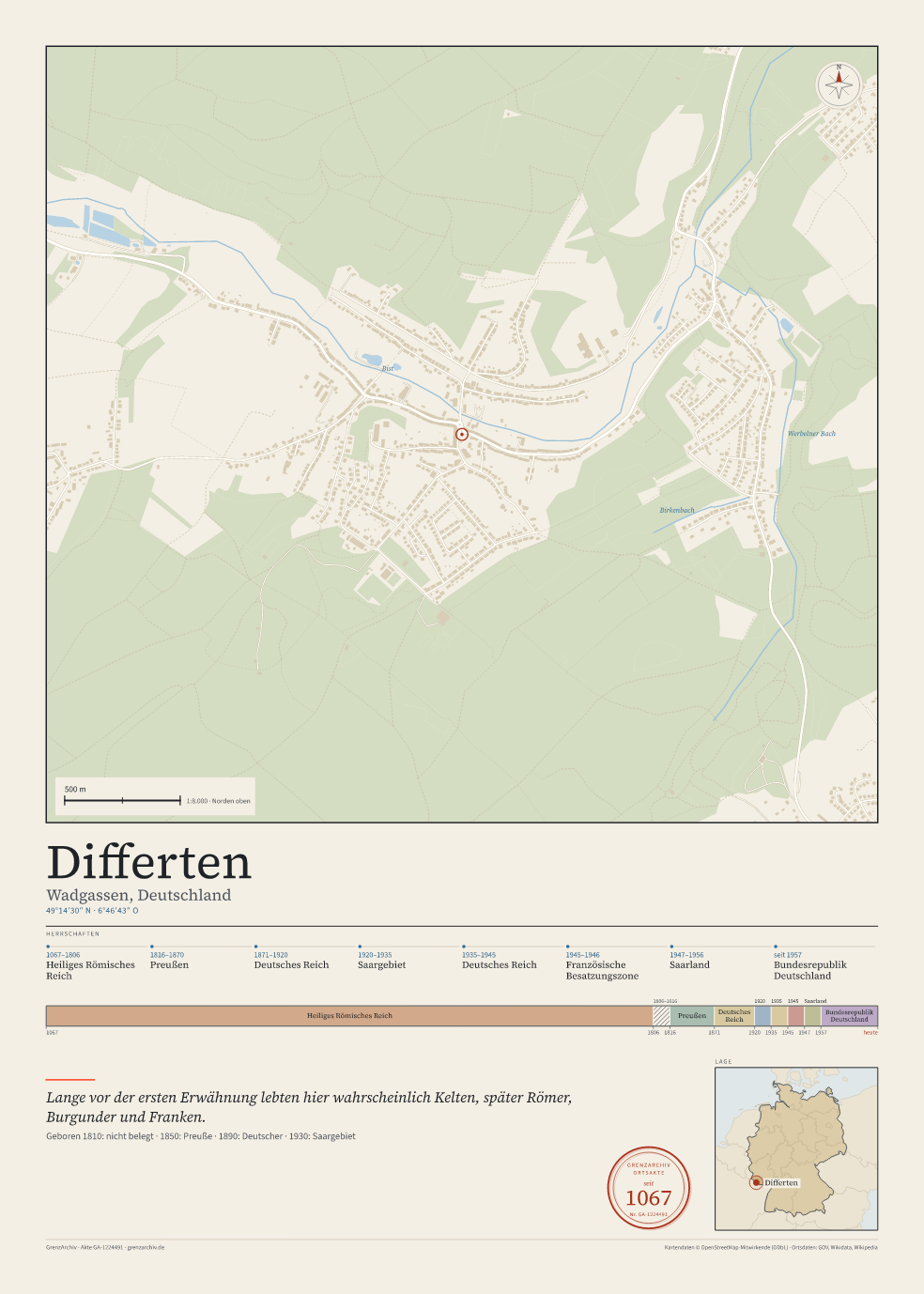 Vorschau des Kartenblatts von Differten: oben der Stadtplan, unten Ortsname, Koordinaten und die Herrschaften des Ortes