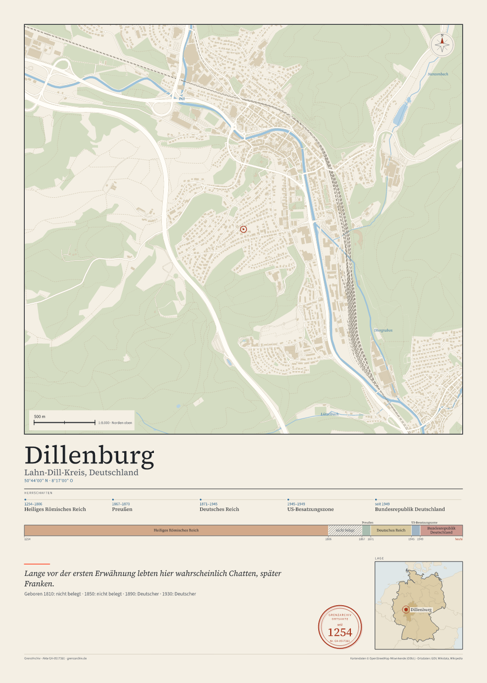 Vorschau des Kartenblatts von Dillenburg: oben der Stadtplan, unten Ortsname, Koordinaten und die Herrschaften des Ortes