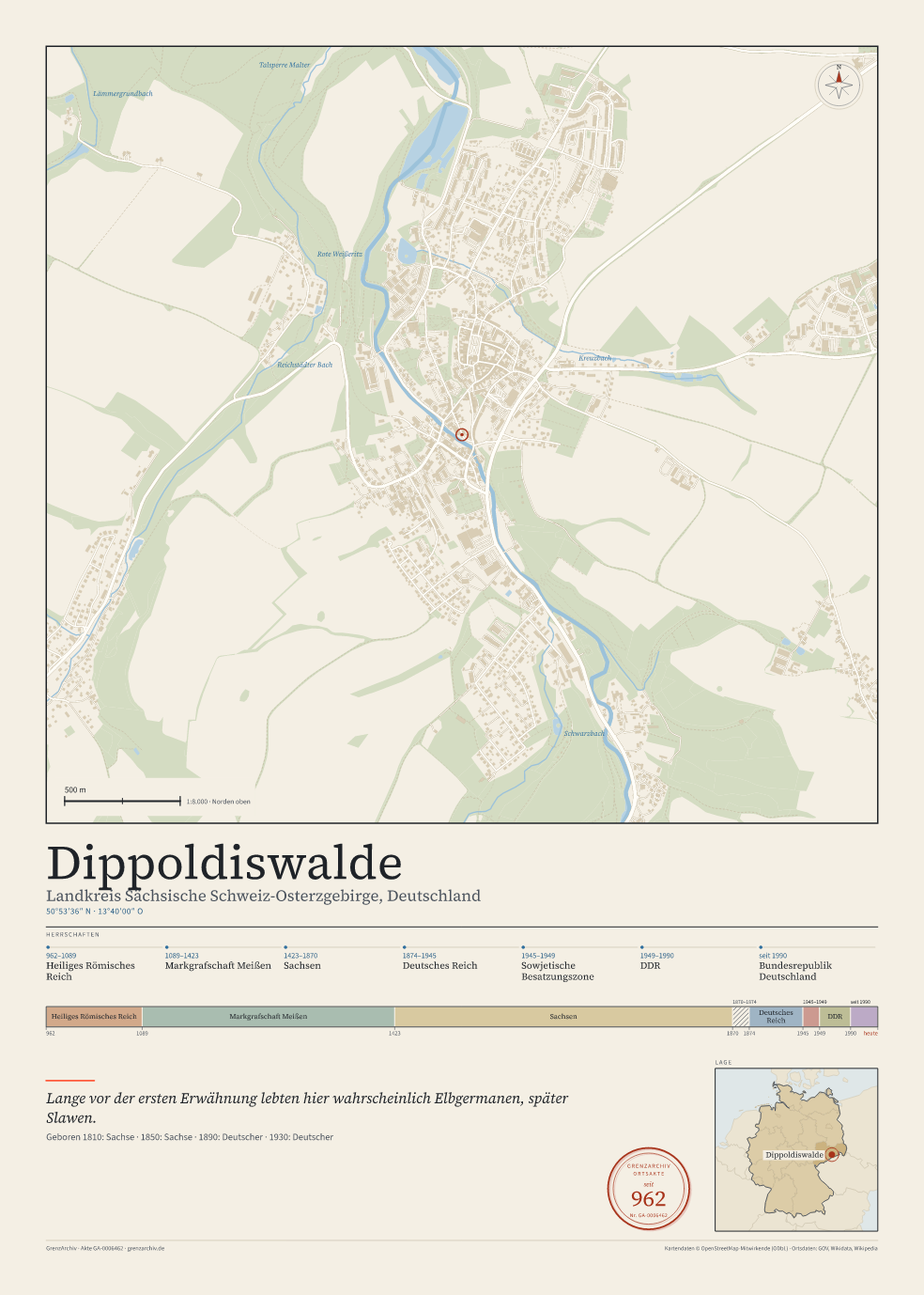 Vorschau des Kartenblatts von Dippoldiswalde: oben der Stadtplan, unten Ortsname, Koordinaten und die Herrschaften des Ortes