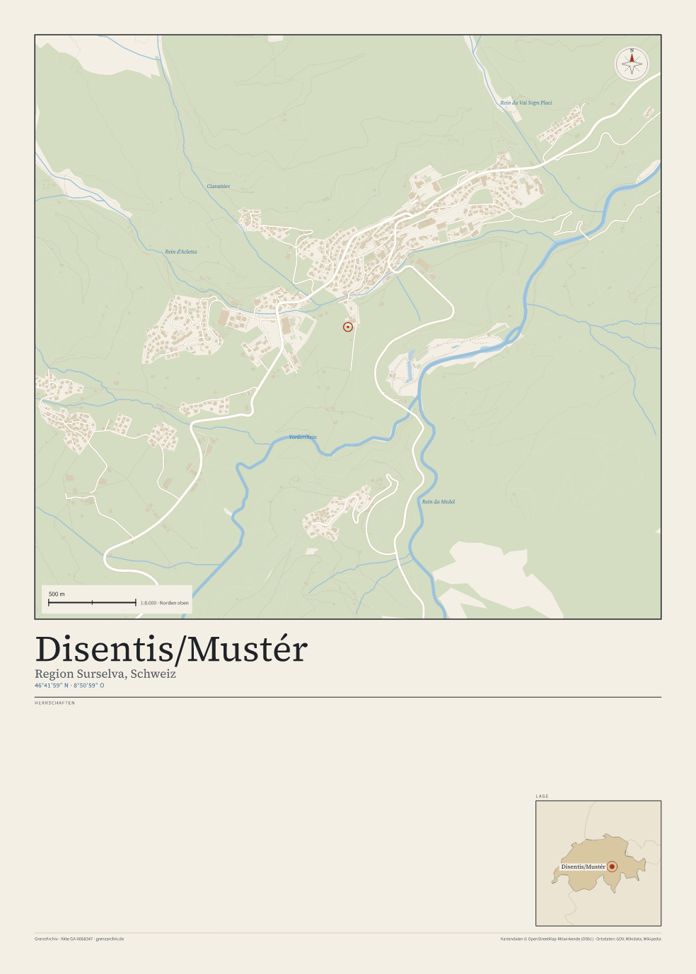 Vorschau des Kartenblatts von Disentis/Mustér: oben der Stadtplan, unten Ortsname, Koordinaten und die Herrschaften des Ortes