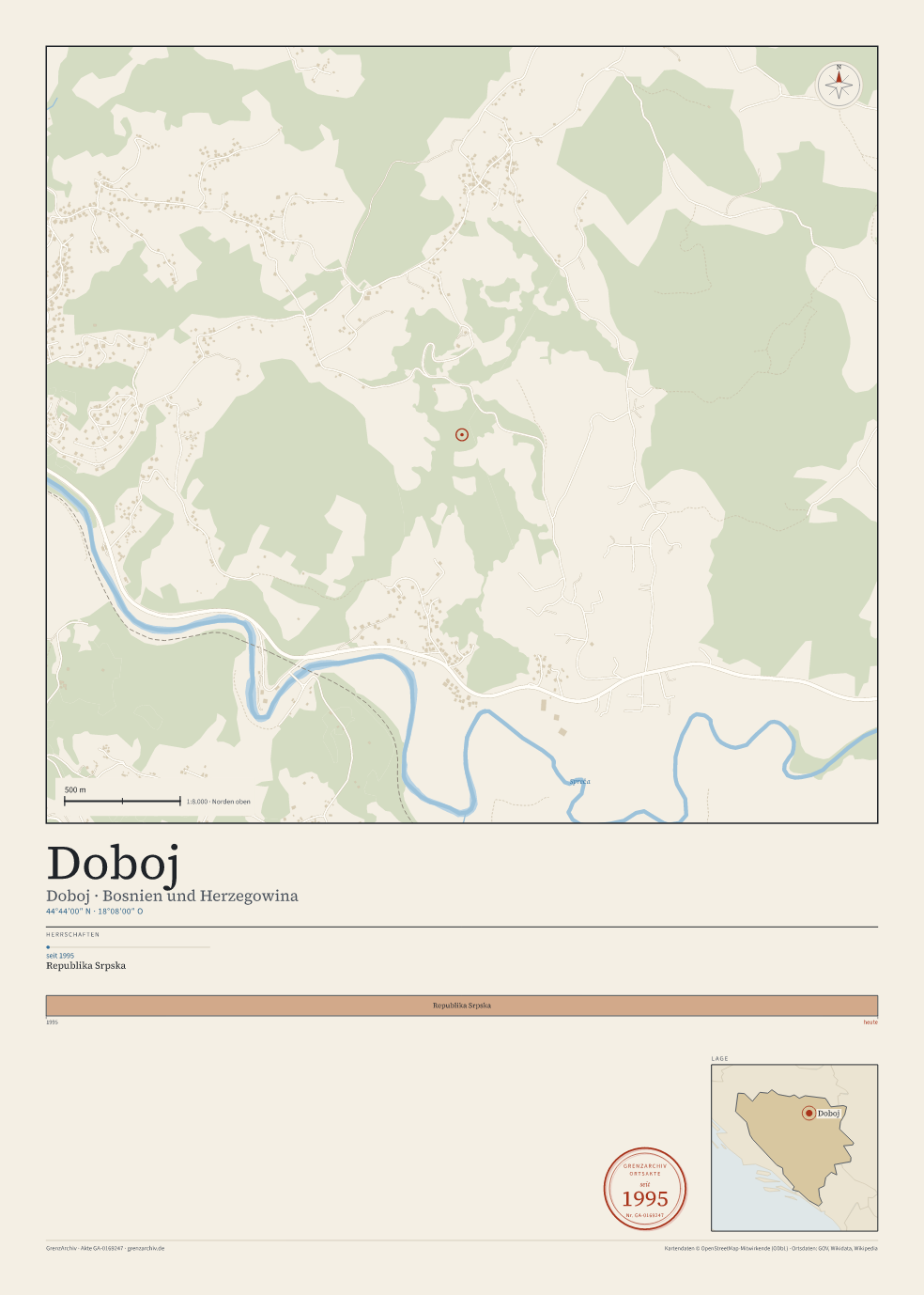 Vorschau des Kartenblatts von Doboj: oben der Stadtplan, unten Ortsname, Koordinaten und die Herrschaften des Ortes
