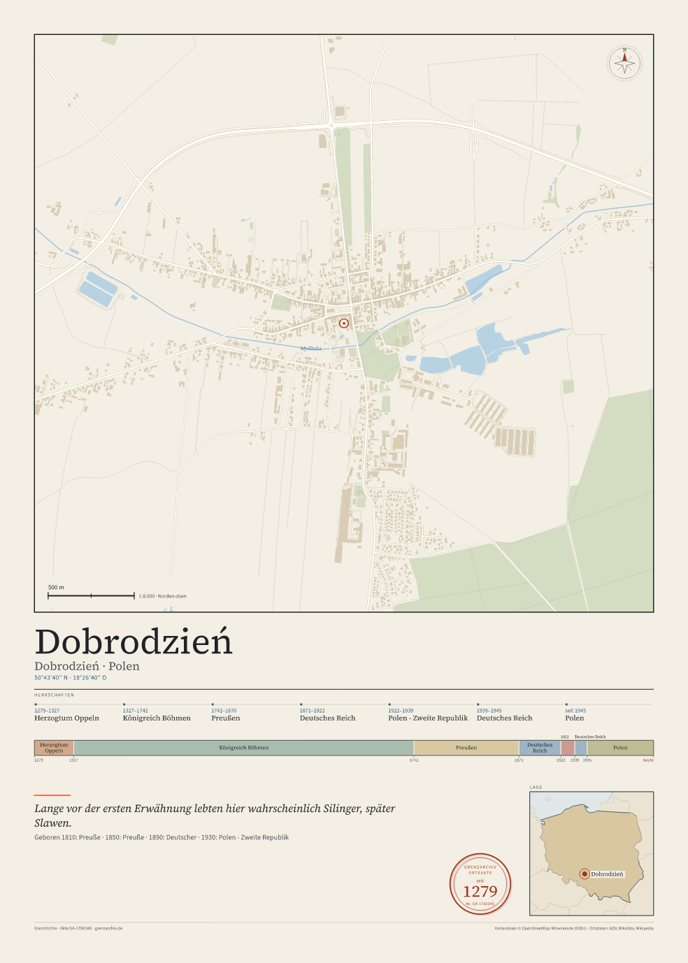 Vorschau des Kartenblatts von Dobrodzień: oben der Stadtplan, unten Ortsname, Koordinaten und die Herrschaften des Ortes