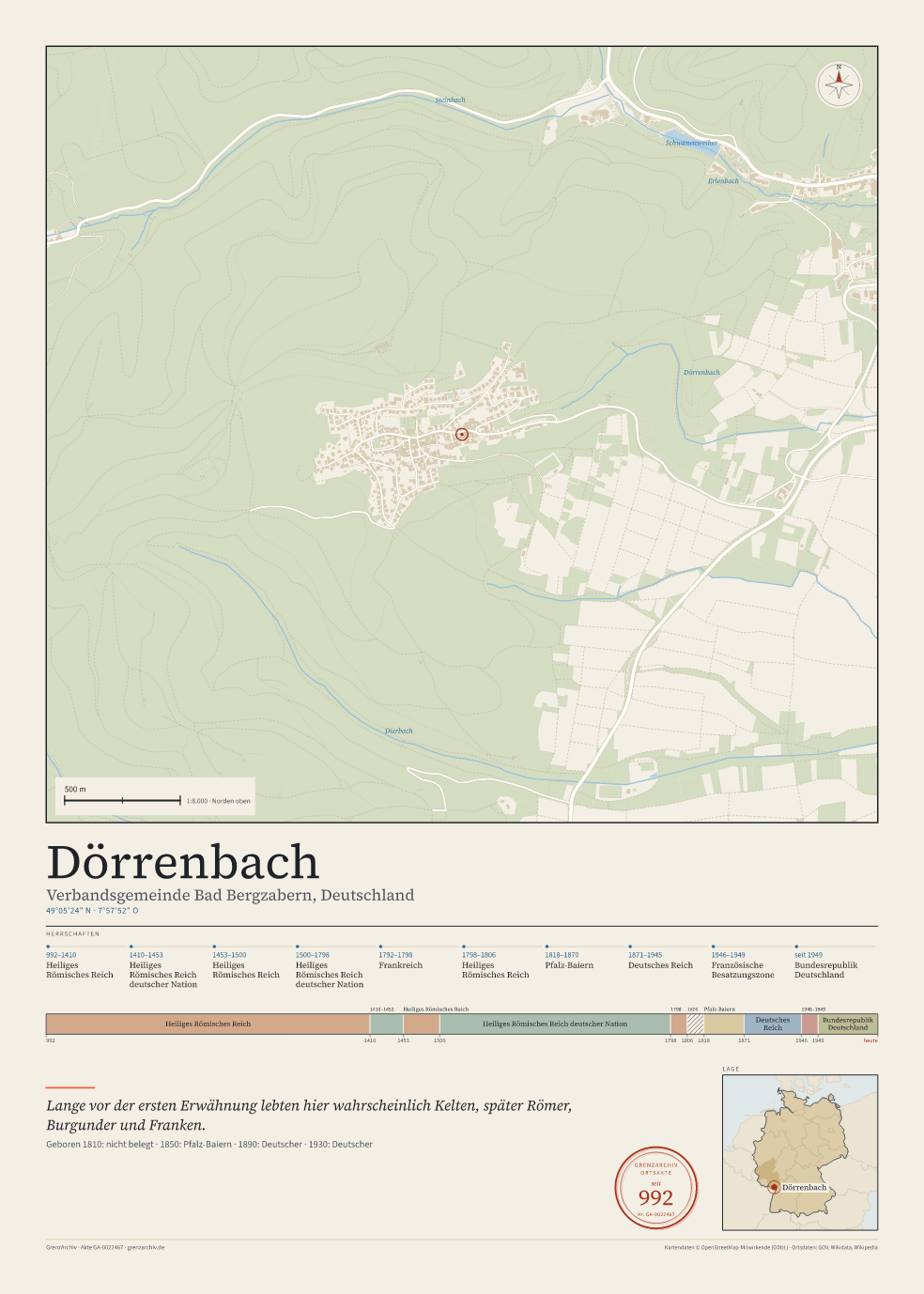 Vorschau des Kartenblatts von Dörrenbach: oben der Stadtplan, unten Ortsname, Koordinaten und die Herrschaften des Ortes