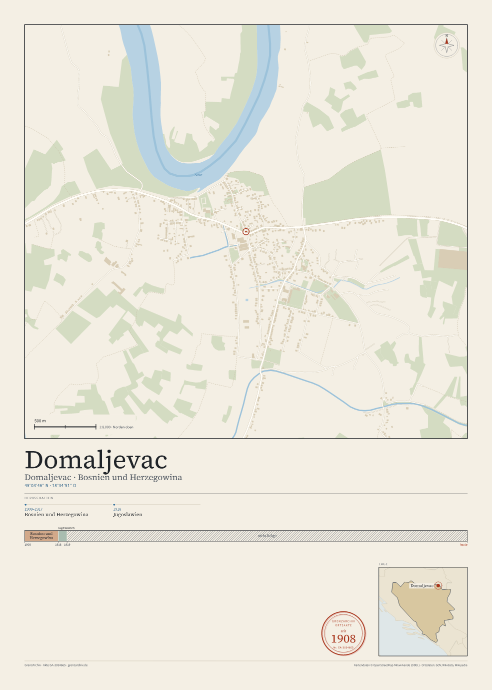 Vorschau des Kartenblatts von Domaljevac: oben der Stadtplan, unten Ortsname, Koordinaten und die Herrschaften des Ortes