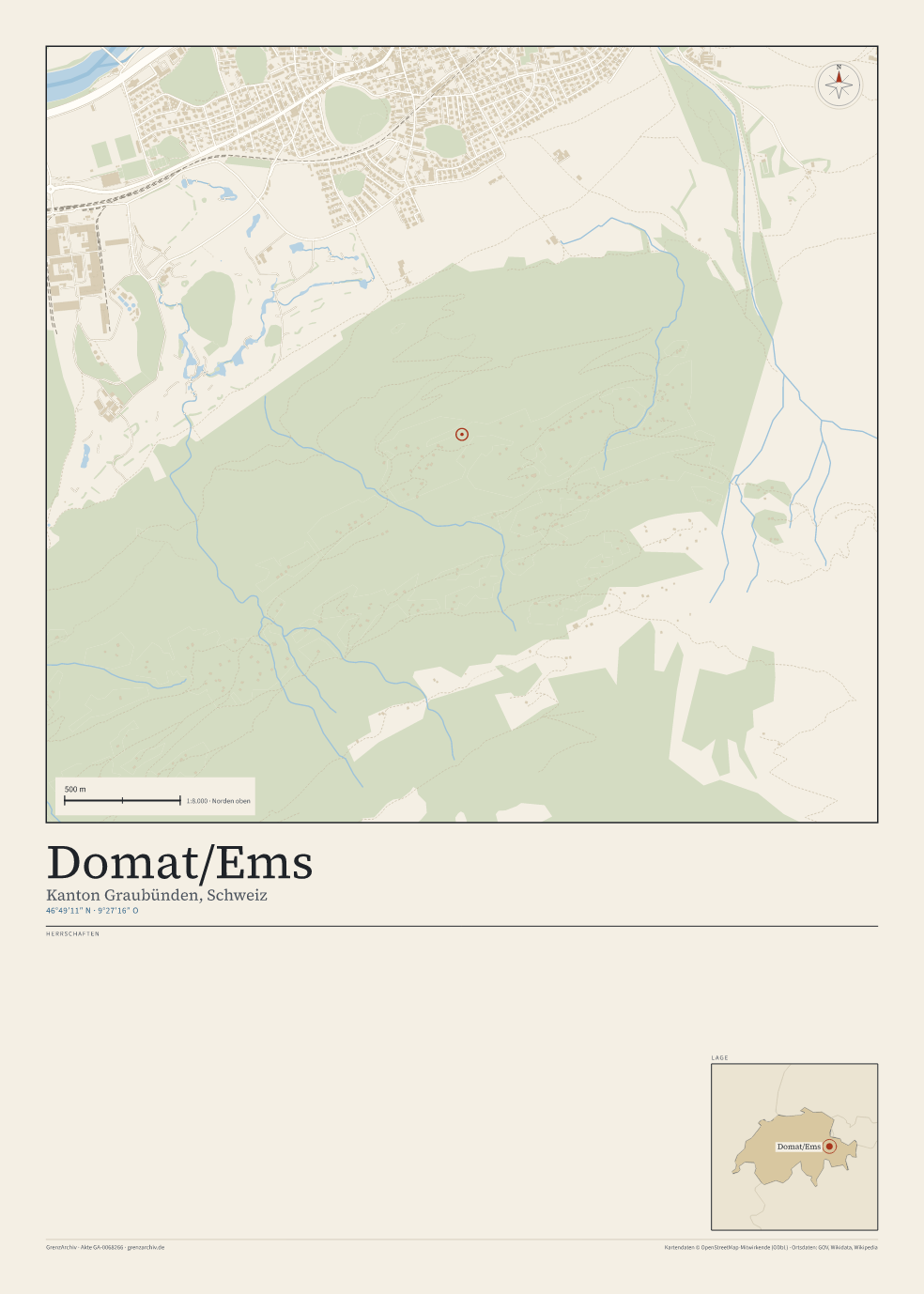 Vorschau des Kartenblatts von Domat/Ems: oben der Stadtplan, unten Ortsname, Koordinaten und die Herrschaften des Ortes