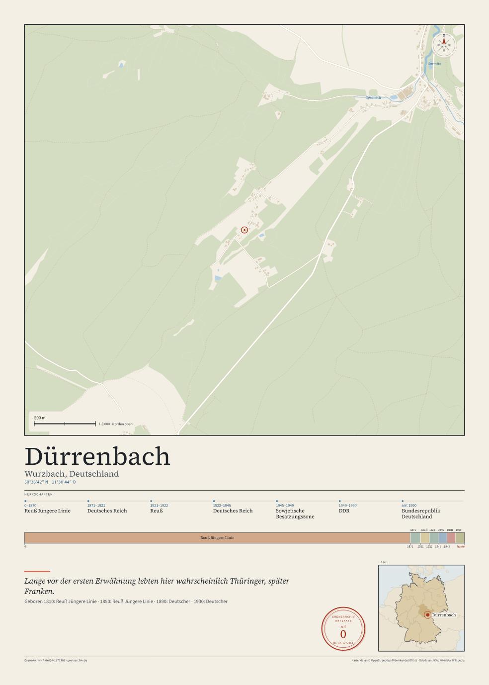 Vorschau des Kartenblatts von Dürrenbach: oben der Stadtplan, unten Ortsname, Koordinaten und die Herrschaften des Ortes