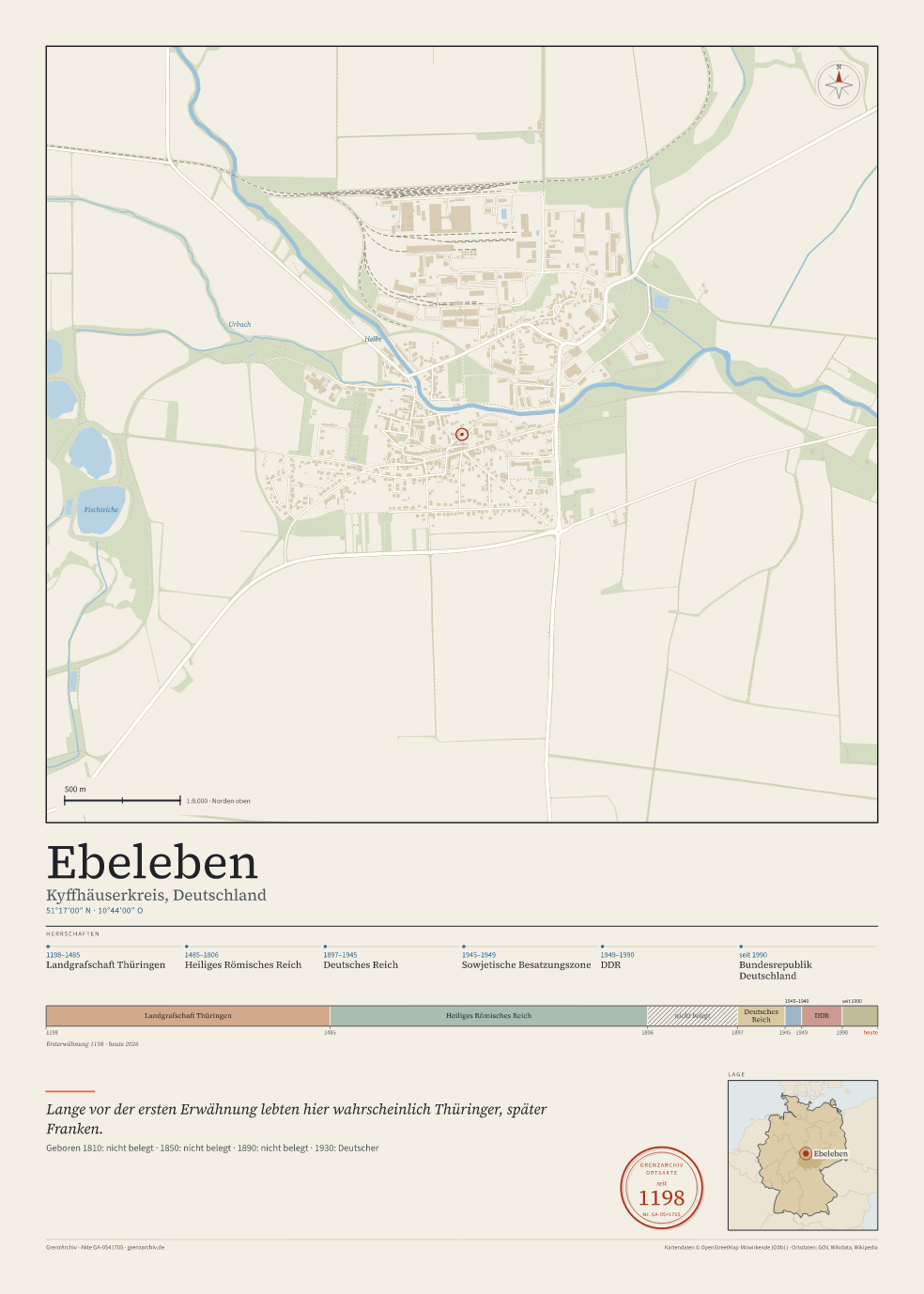 Vorschau des Kartenblatts von Ebeleben: oben der Stadtplan, unten Ortsname, Koordinaten und die Herrschaften des Ortes
