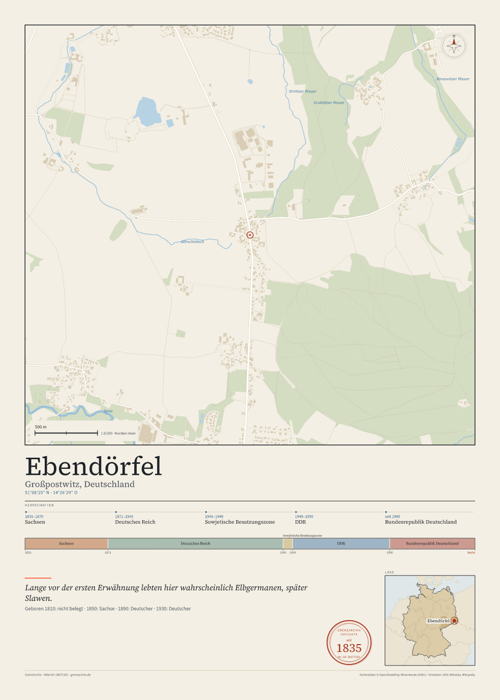 Vorschau des Kartenblatts von Ebendörfel: oben der Stadtplan, unten Ortsname, Koordinaten und die Herrschaften des Ortes