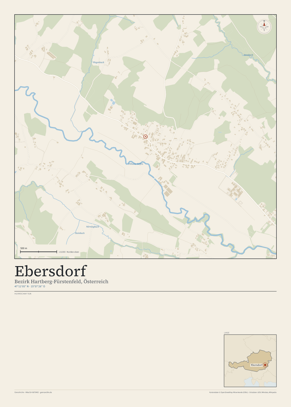 Vorschau des Kartenblatts von Ebersdorf: oben der Stadtplan, unten Ortsname, Koordinaten und die Herrschaften des Ortes