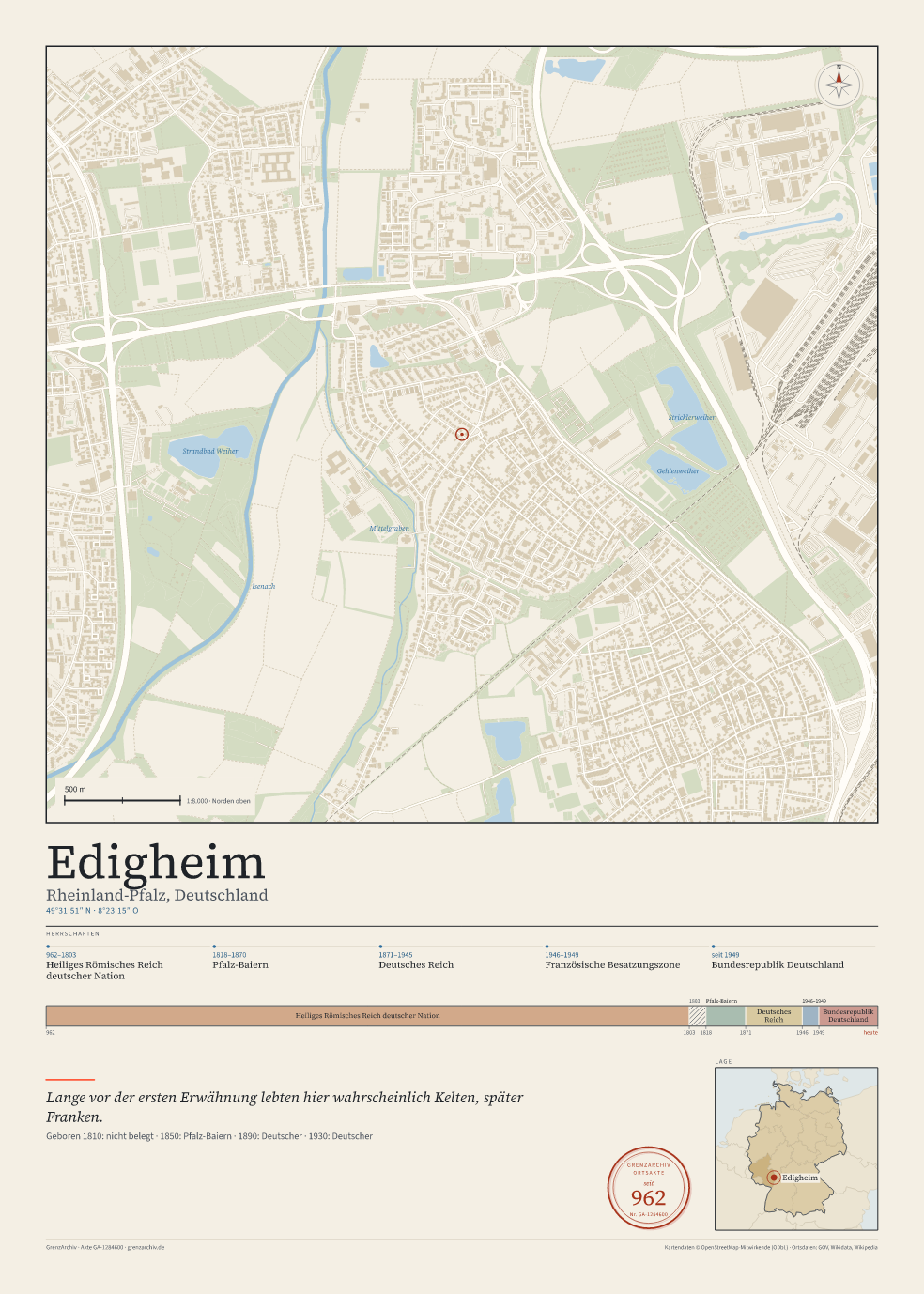 Vorschau des Kartenblatts von Edigheim: oben der Stadtplan, unten Ortsname, Koordinaten und die Herrschaften des Ortes