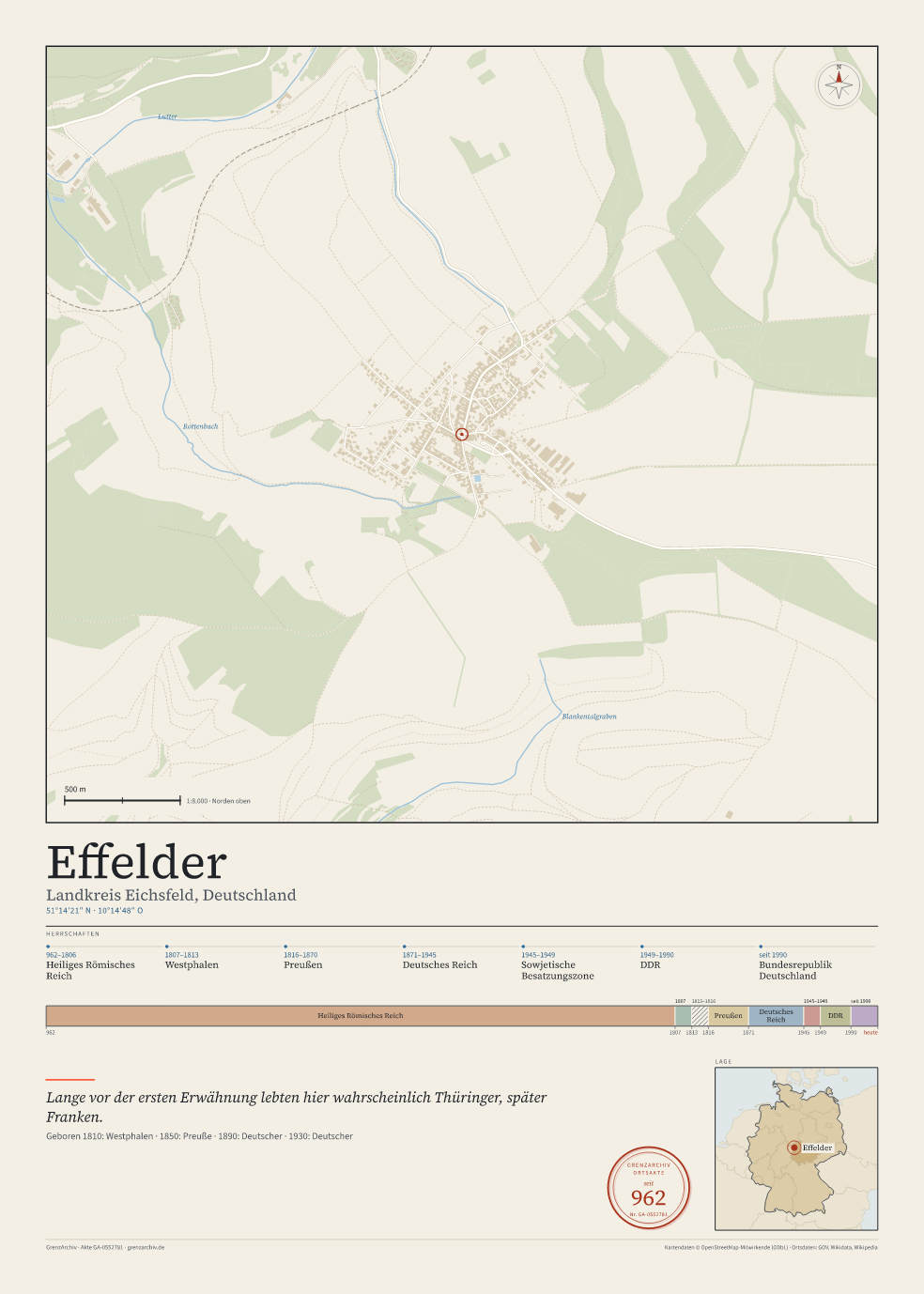Vorschau des Kartenblatts von Effelder: oben der Stadtplan, unten Ortsname, Koordinaten und die Herrschaften des Ortes