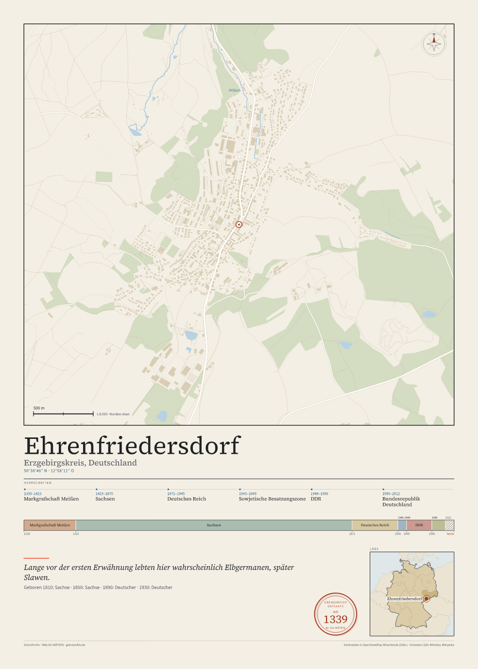 Vorschau des Kartenblatts von Ehrenfriedersdorf: oben der Stadtplan, unten Ortsname, Koordinaten und die Herrschaften des Ortes