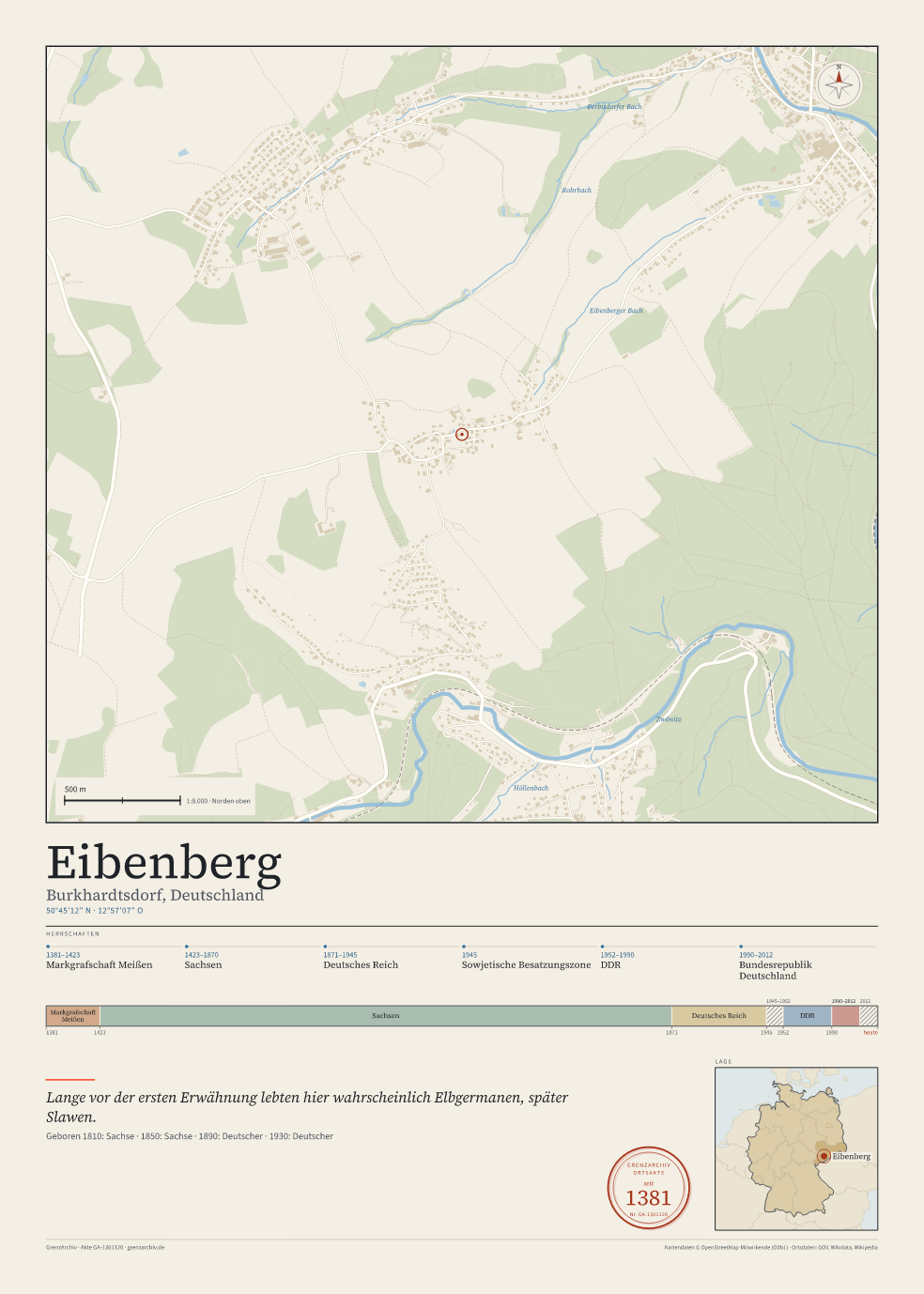 Vorschau des Kartenblatts von Eibenberg: oben der Stadtplan, unten Ortsname, Koordinaten und die Herrschaften des Ortes
