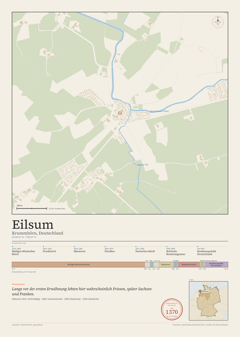 Vorschau des Kartenblatts von Eilsum: oben der Stadtplan, unten Ortsname, Koordinaten und die Herrschaften des Ortes