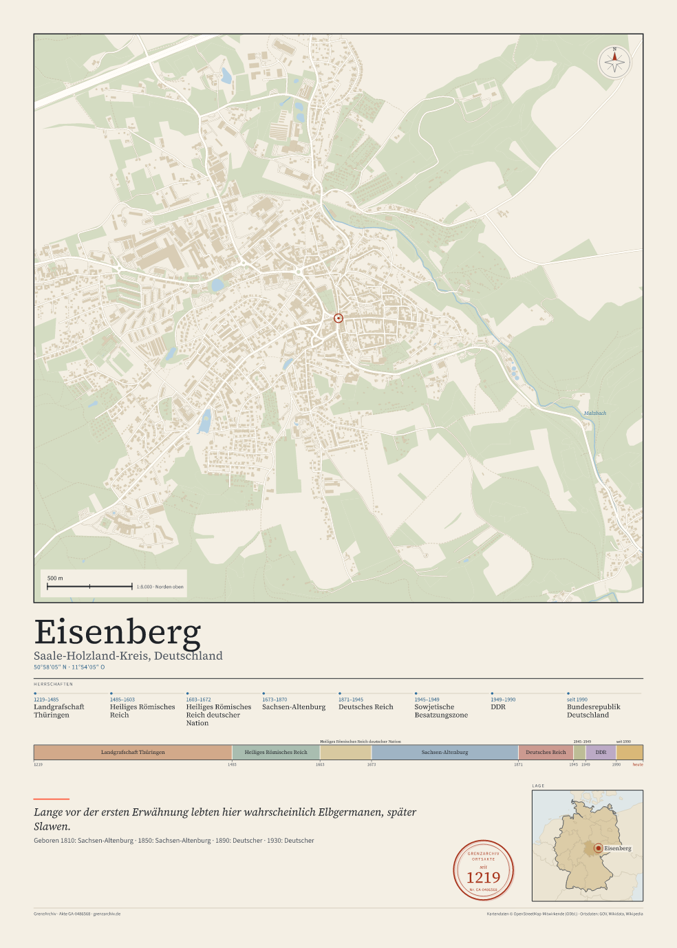 Vorschau des Kartenblatts von Eisenberg: oben der Stadtplan, unten Ortsname, Koordinaten und die Herrschaften des Ortes