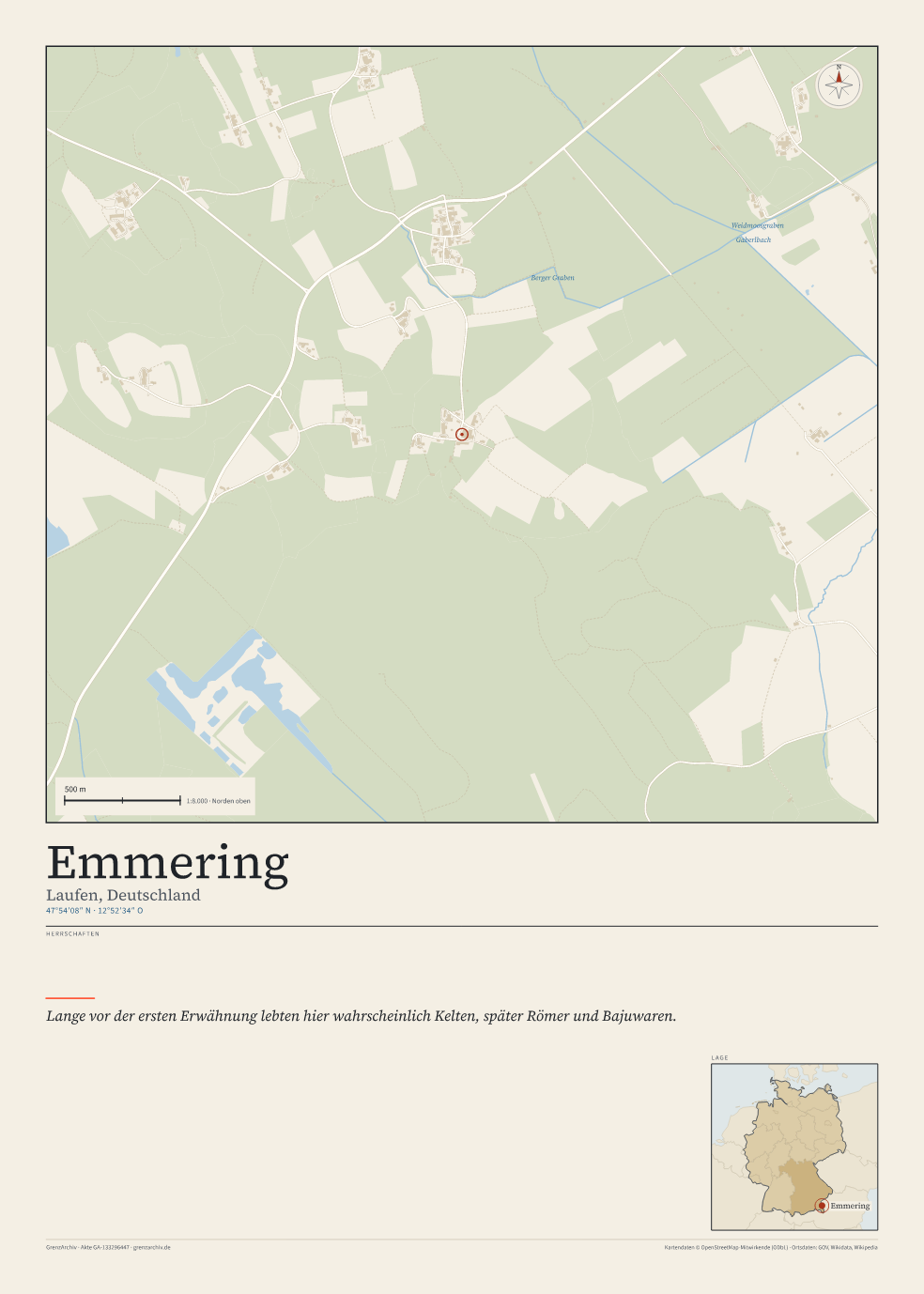 Vorschau des Kartenblatts von Emmering: oben der Stadtplan, unten Ortsname, Koordinaten und die Herrschaften des Ortes
