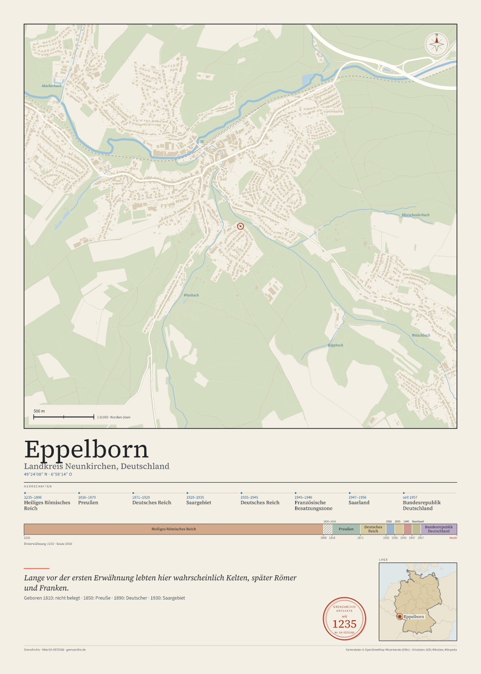 Vorschau des Kartenblatts von Eppelborn: oben der Stadtplan, unten Ortsname, Koordinaten und die Herrschaften des Ortes