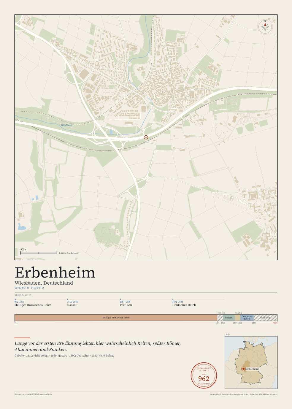 Vorschau des Kartenblatts von Erbenheim: oben der Stadtplan, unten Ortsname, Koordinaten und die Herrschaften des Ortes