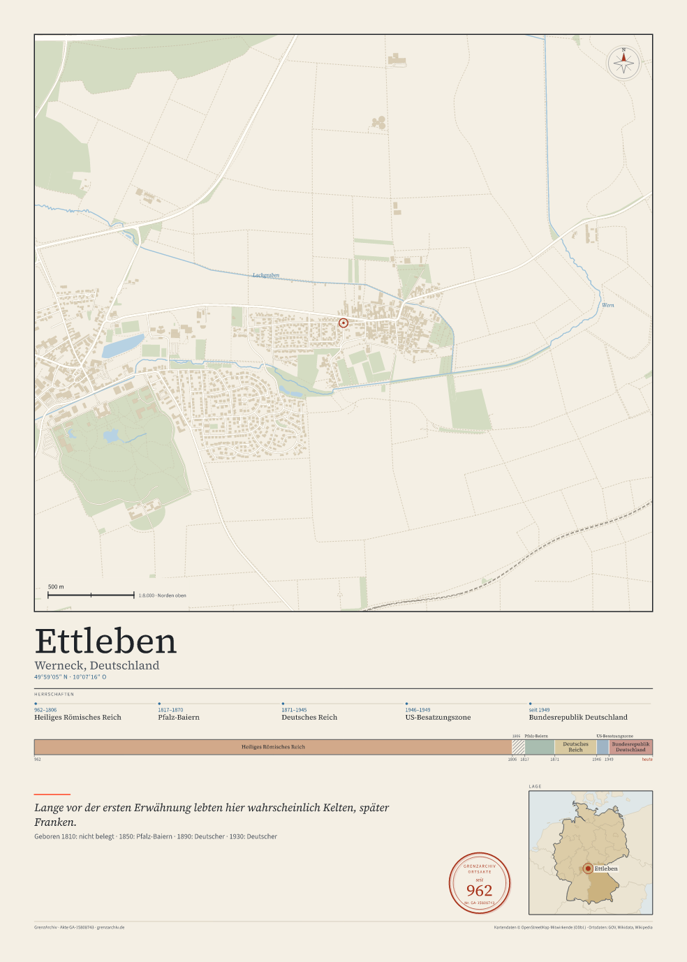 Vorschau des Kartenblatts von Ettleben: oben der Stadtplan, unten Ortsname, Koordinaten und die Herrschaften des Ortes