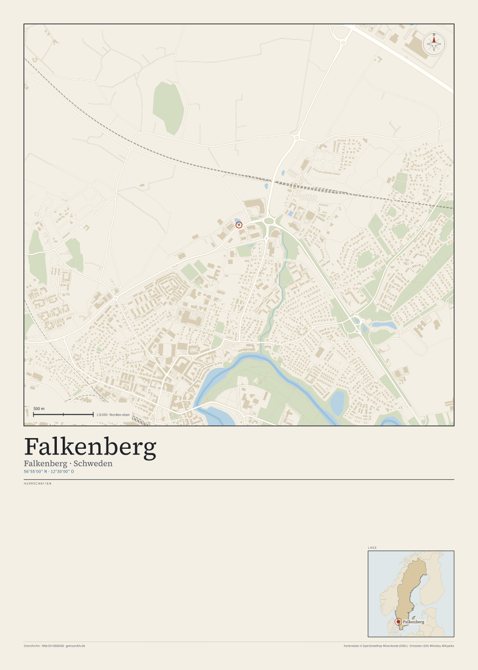 Vorschau des Kartenblatts von Falkenberg: oben der Stadtplan, unten Ortsname, Koordinaten und die Herrschaften des Ortes
