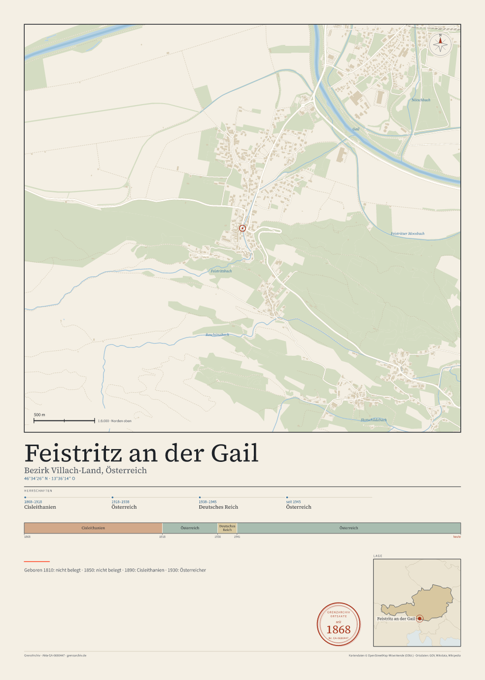 Vorschau des Kartenblatts von Feistritz an der Gail: oben der Stadtplan, unten Ortsname, Koordinaten und die Herrschaften des Ortes
