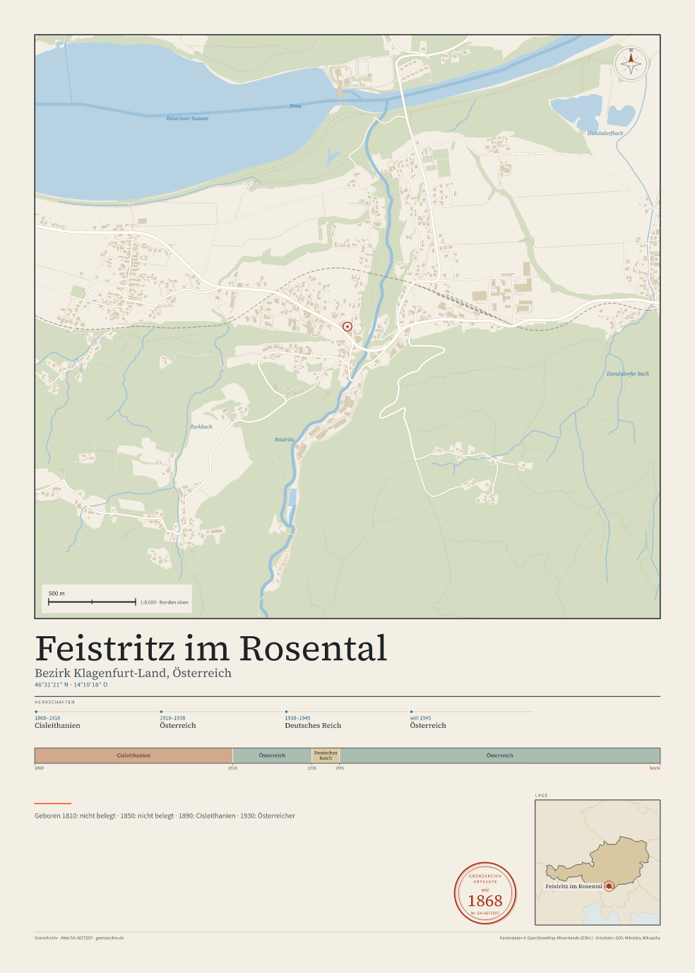 Vorschau des Kartenblatts von Feistritz im Rosental: oben der Stadtplan, unten Ortsname, Koordinaten und die Herrschaften des Ortes