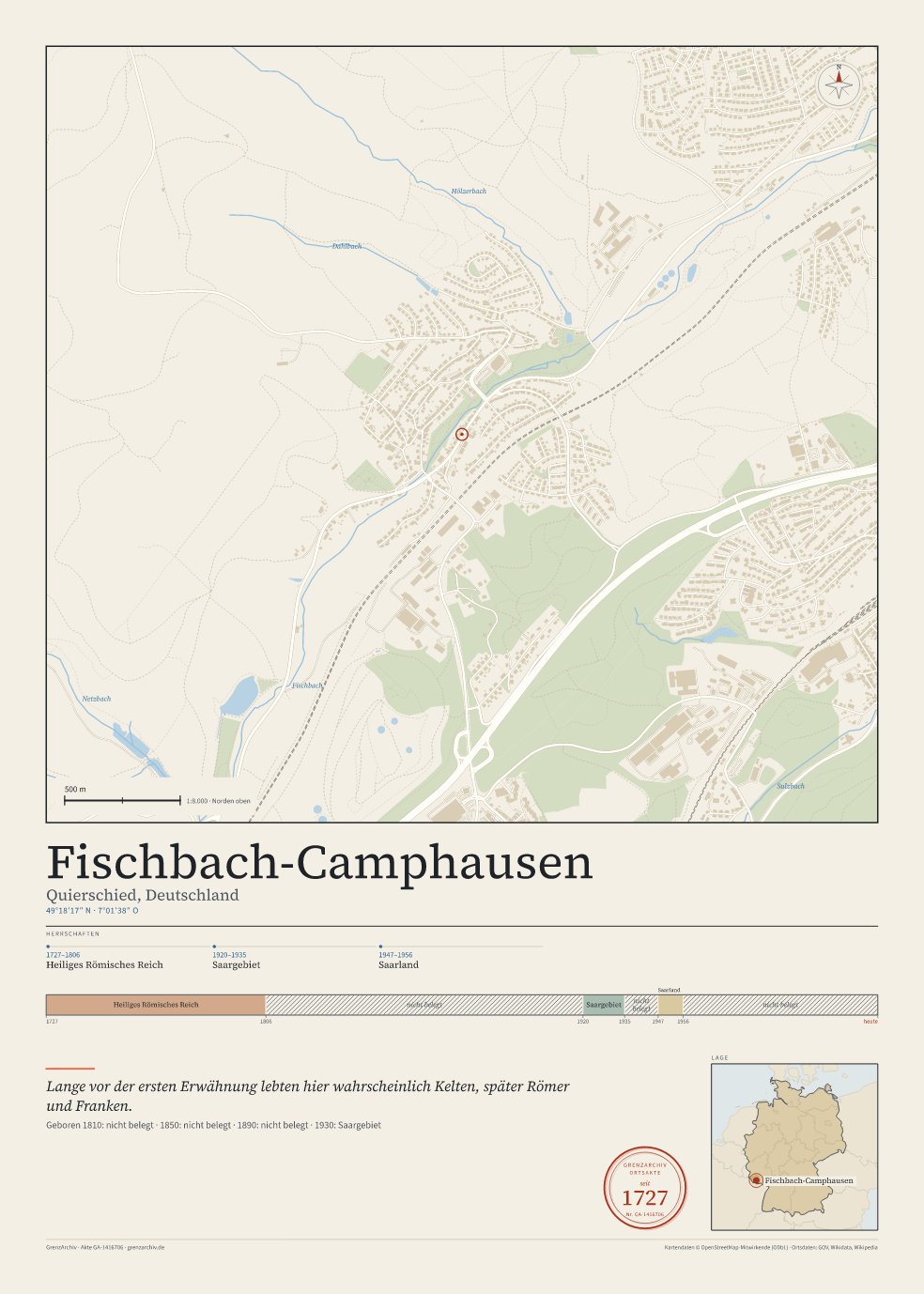 Vorschau des Kartenblatts von Fischbach-Camphausen: oben der Stadtplan, unten Ortsname, Koordinaten und die Herrschaften des Ortes
