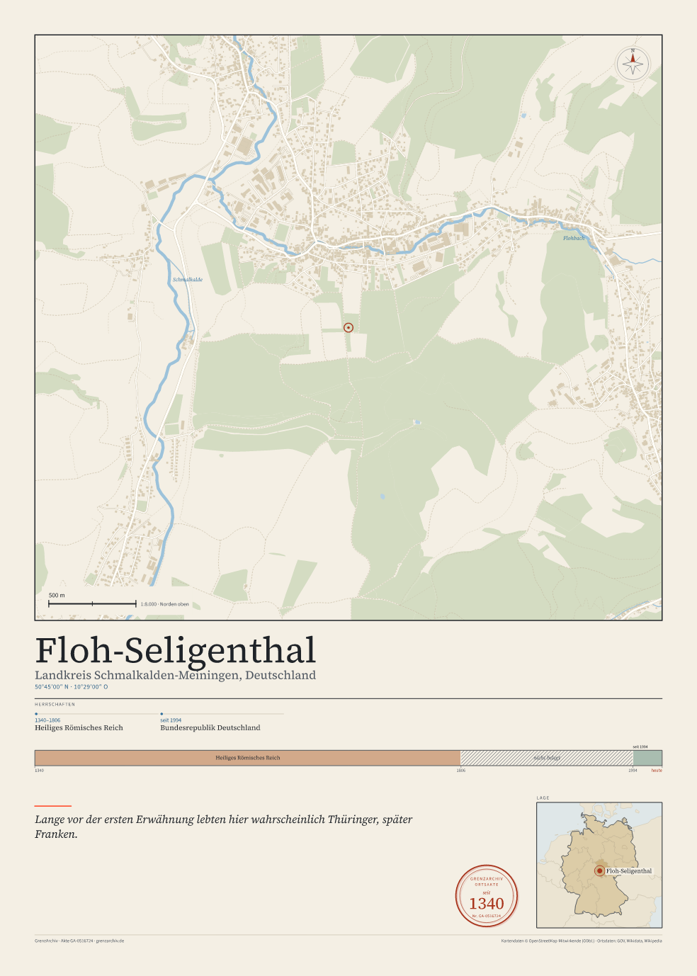 Vorschau des Kartenblatts von Floh-Seligenthal: oben der Stadtplan, unten Ortsname, Koordinaten und die Herrschaften des Ortes