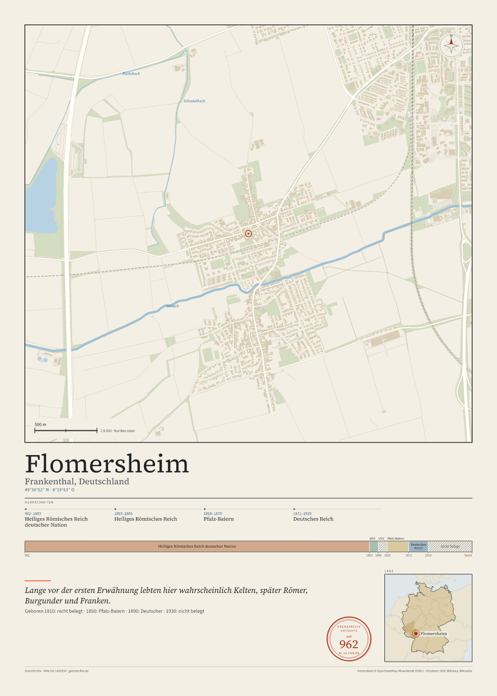 Vorschau des Kartenblatts von Flomersheim: oben der Stadtplan, unten Ortsname, Koordinaten und die Herrschaften des Ortes