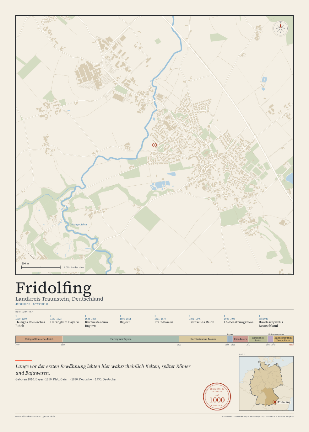 Vorschau des Kartenblatts von Fridolfing: oben der Stadtplan, unten Ortsname, Koordinaten und die Herrschaften des Ortes