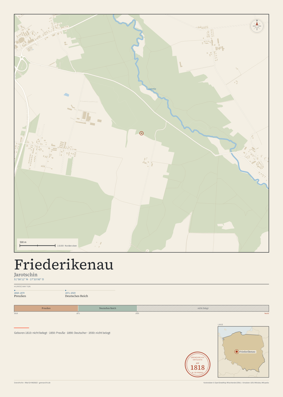 Vorschau des Kartenblatts von Friederikenau: oben der Stadtplan, unten Ortsname, Koordinaten und die Herrschaften des Ortes