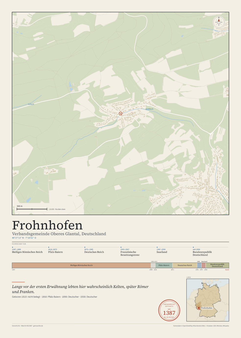 Vorschau des Kartenblatts von Frohnhofen: oben der Stadtplan, unten Ortsname, Koordinaten und die Herrschaften des Ortes