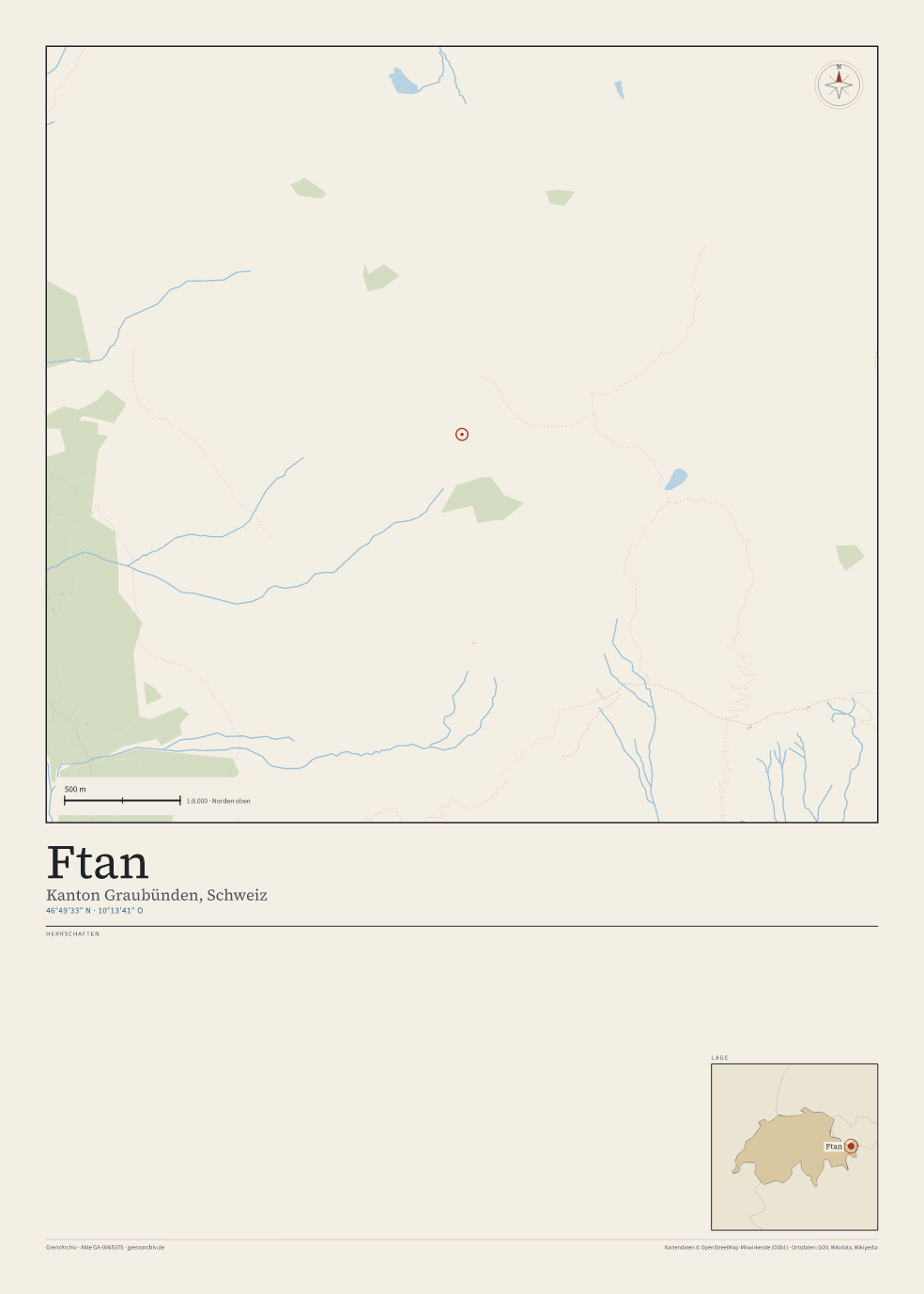 Vorschau des Kartenblatts von Ftan: oben der Stadtplan, unten Ortsname, Koordinaten und die Herrschaften des Ortes