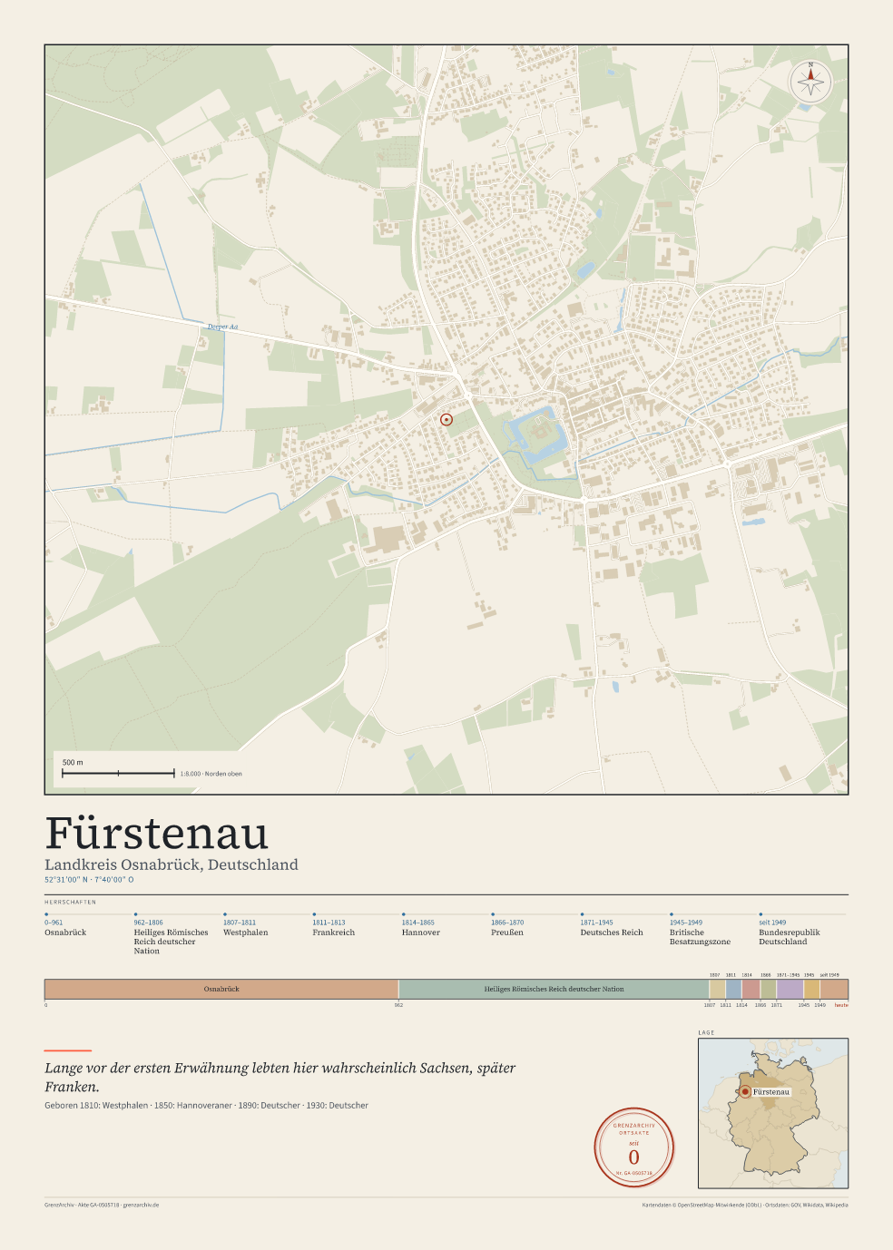 Vorschau des Kartenblatts von Fürstenau: oben der Stadtplan, unten Ortsname, Koordinaten und die Herrschaften des Ortes