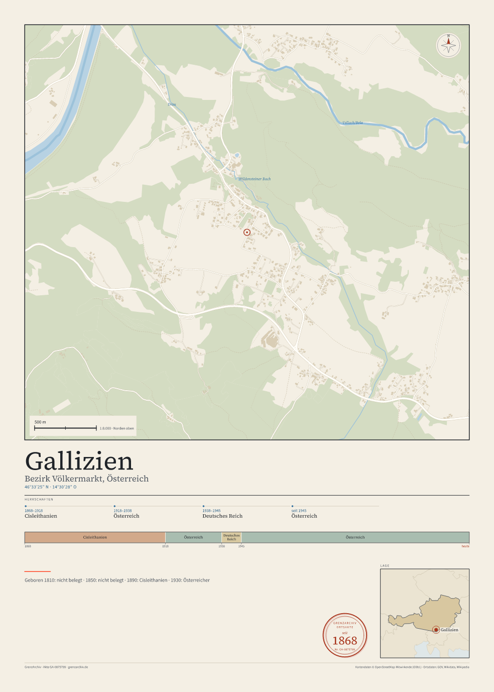 Vorschau des Kartenblatts von Gallizien: oben der Stadtplan, unten Ortsname, Koordinaten und die Herrschaften des Ortes