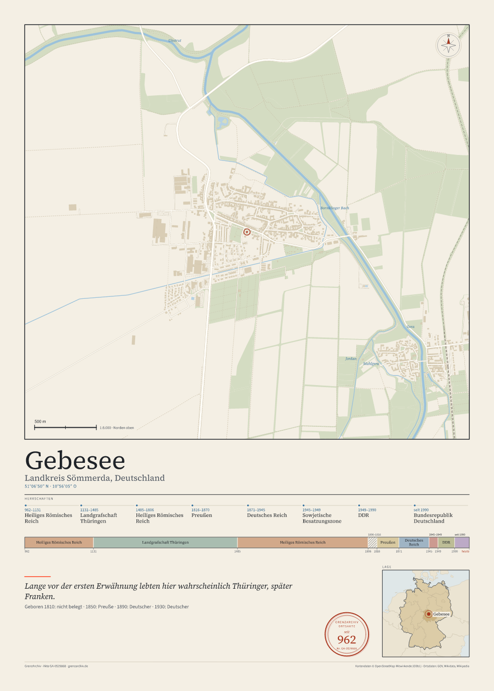 Vorschau des Kartenblatts von Gebesee: oben der Stadtplan, unten Ortsname, Koordinaten und die Herrschaften des Ortes