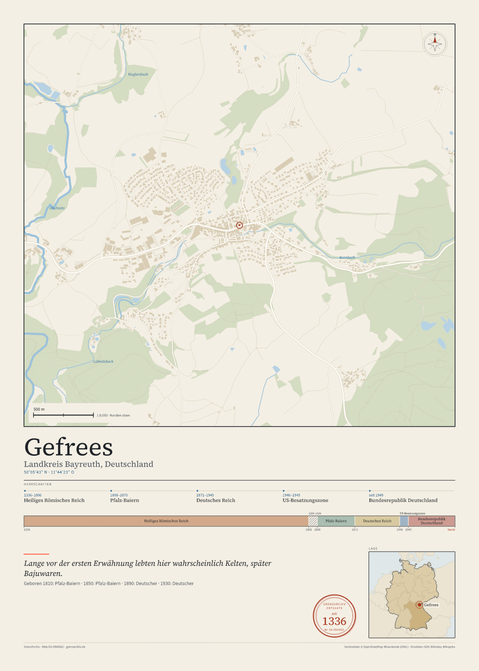 Vorschau des Kartenblatts von Gefrees: oben der Stadtplan, unten Ortsname, Koordinaten und die Herrschaften des Ortes