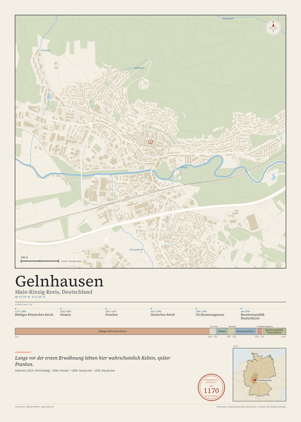 Vorschau des Kartenblatts von Gelnhausen: oben der Stadtplan, unten Ortsname, Koordinaten und die Herrschaften des Ortes