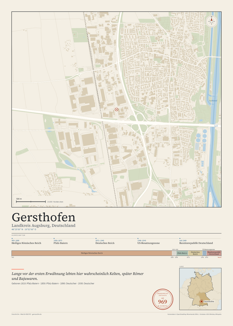 Vorschau des Kartenblatts von Gersthofen: oben der Stadtplan, unten Ortsname, Koordinaten und die Herrschaften des Ortes