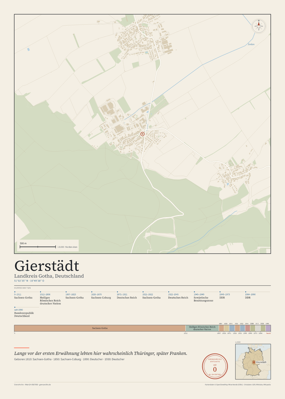 Vorschau des Kartenblatts von Gierstädt: oben der Stadtplan, unten Ortsname, Koordinaten und die Herrschaften des Ortes