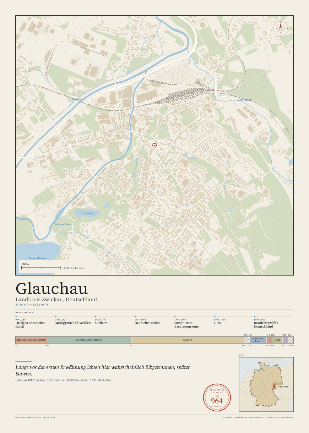Vorschau des Kartenblatts von Glauchau: oben der Stadtplan, unten Ortsname, Koordinaten und die Herrschaften des Ortes