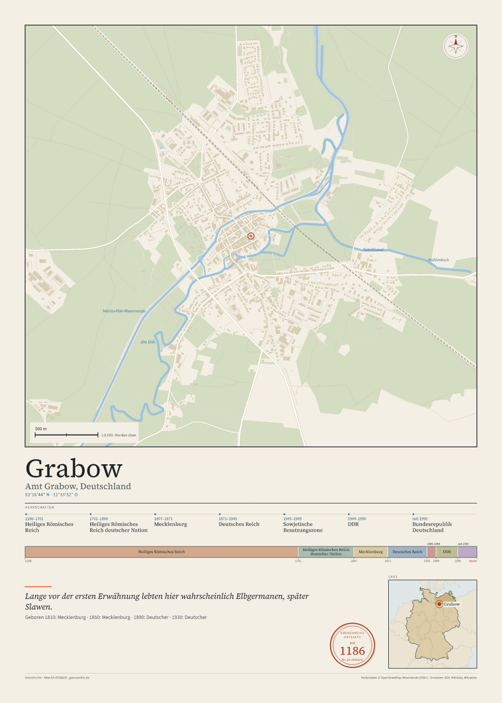 Vorschau des Kartenblatts von Grabow: oben der Stadtplan, unten Ortsname, Koordinaten und die Herrschaften des Ortes