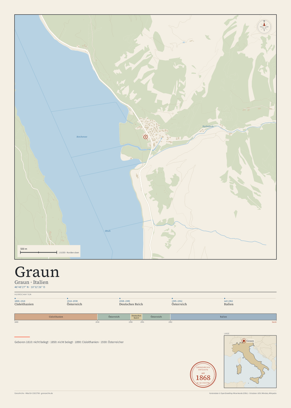 Vorschau des Kartenblatts von Graun: oben der Stadtplan, unten Ortsname, Koordinaten und die Herrschaften des Ortes