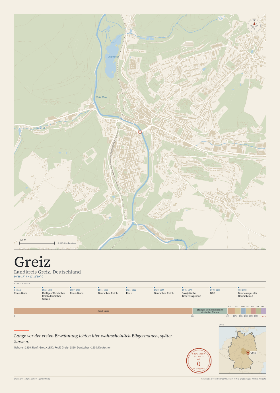 Vorschau des Kartenblatts von Greiz: oben der Stadtplan, unten Ortsname, Koordinaten und die Herrschaften des Ortes