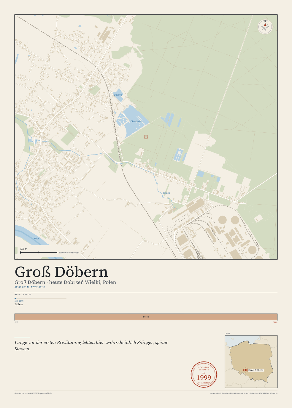 Vorschau des Kartenblatts von Groß Döbern: oben der Stadtplan, unten Ortsname, Koordinaten und die Herrschaften des Ortes