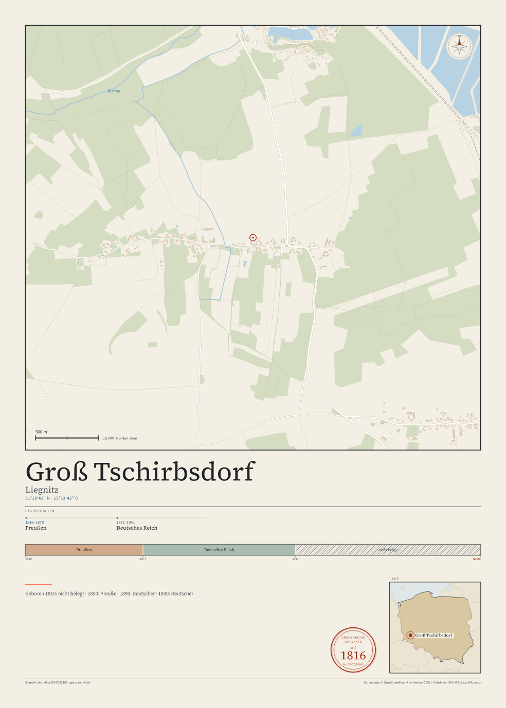 Vorschau des Kartenblatts von Groß Tschirbsdorf: oben der Stadtplan, unten Ortsname, Koordinaten und die Herrschaften des Ortes